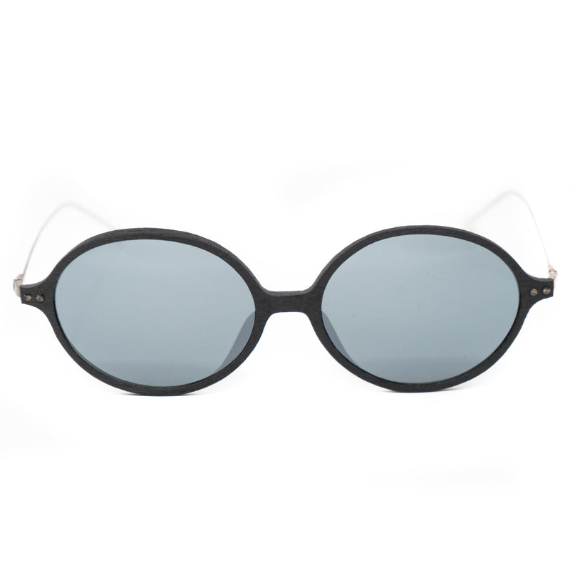 Ann Demeulemeester AD64C2SUN black oval sunglasses with bronze-tone titanium temples and grey mirror lenses